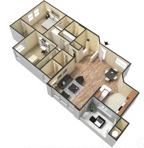 Floor plan for 2 beds, 2 baths, 1109 sqft